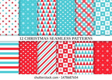 Christmas pattern. Vector. Holiday seamless texture. Xmas, new year geometric background. Set festive textile print with star, snowflake, triangle, polka dot, heart, checkered. Red blue illustration