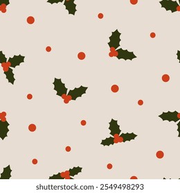 Weihnachtsmustervektor. Holly, Blätter, Beeren Tapete. Wiederholte Textur mit Neujahr für Stoff, Verpackung, Textil, Tapete, Karte, Papiergeschenk, Handyhülle, Schreibwaren.