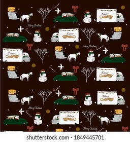 Christmas pattern. Vector Christmas illustration with snowman, horse, cart, truck, for print, poster, banner, postcard, design.