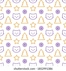 Christmas pattern, vector christmas illustration with christmas tree, snowflakes and cute kittens