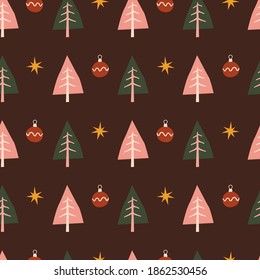 Christmas pattern. Vector illustration of trendy Christmas seamless pattern with abstract fir-trees and Christmas balls in flat boho style