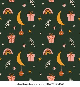 Christmas pattern. Vector illustration of trendy Christmas pattern with gift boxes, rainbow, moon and stars in flat boho style