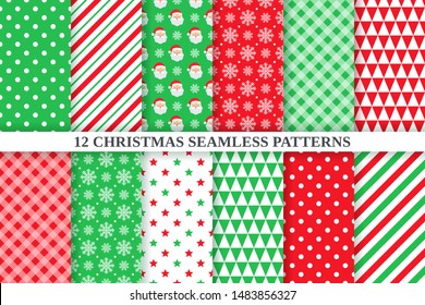 Christmas pattern. Vector. Seamless background. Holiday Xmas, new year geometric texture. Set festive textile print with Santa, star, snowflake, triangle, polka dot, candy cane. Red green illustration