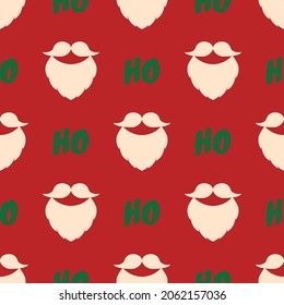 Christmas pattern. Vector seamless background with a beard, moustache and text Ho Ho Ho. Traditional colors. Festive design for poster backdrop, gift wrappers, textile, fabric. Red, green, shampagne.