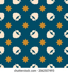 Christmas pattern. Vector seamless background with a beard, mustache, and stars. Navy blue, gold, champagne color. Festive design for poster backdrop, gift wrappers, textile, fabric, prints, etc.