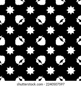 Christmas pattern. Vector seamless background with a beard, mustache, and stars. Festive design for poster backdrop, gift wrappers, textiles, and fabric. White elements on the black color.
