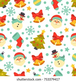 Christmas pattern. Vector seamless pattern with flat icons, including Santa, snowman, Christmas tree and bells on white background.