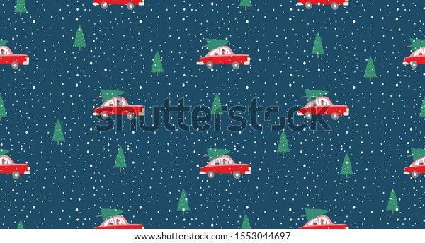 Christmas\
pattern .Vector . Seamless. New Year  night wallpaper. Christmas\
tree. Red car. Snowly day. Winter\
background