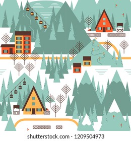 Christmas pattern in vector with winter houses, forest, ski lift in the mountains landscape. Flat cartoon style illustration.