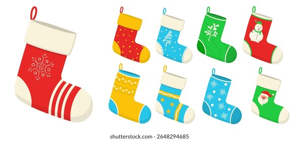 Vetor de padrão de Natal. Ícone de meias de inverno em vermelho e branco. Design de desenho animado bonito para a celebração de ano novo. Decoração de malha acolhedora pendurada na árvore. Símbolo têxtil macio da estação festiva.