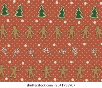 christmas pattern wallpaper witch xmas motive symbols like gingerbread sugar cane and cookies in tree shape on red background witch dots