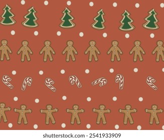 christmas pattern wallpaper witch xmas motive symbols like gingerbread sugar cane and cookies in tree shape on red background witch dots