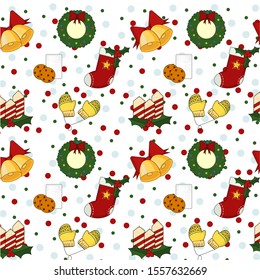 Christmas pattern. Warm yellow background. Christmas symbols. Bells, stocking, wreath, candles, holly, cookies and a glass of milk, mittens. Harmonious bright colors. Vector illustration.