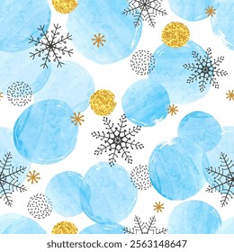 Christmas pattern with watercolor blue circles and snowflakes. Seamless vector winter illustration