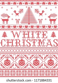 Christmas pattern White Christmas carol vector seamless pattern inspired by Nordic culture festive winter in cross stitch with heart, snowflake, snow ,Christmas tree, reindeer, in red and white 
