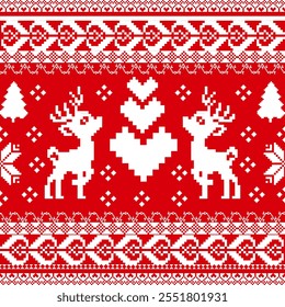 christmas pattern white reindeer red elements Red background for New Year's Eve holidays, cards, gift wrap, snowflakes, ornaments, blankets, curtains, rugs, clothing, textiles.