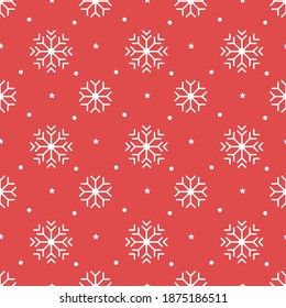 Patrón navideño con copos de nieve blancos en un fondo rojo.