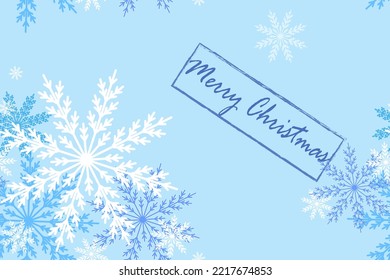Christmas pattern. White snowflakes and stamp with text on light blue background. 
