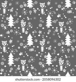 Christmas pattern with white-gray Christmas trees, tigers, stars, snowflakes, hearts, artistic. Vector illustration, seamless.