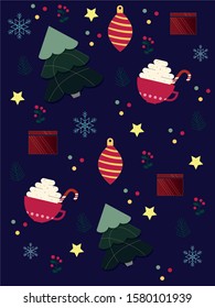 Christmas pattern whith tree and coffee and tree toys