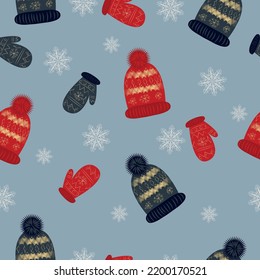 Christmas pattern. Winter hat and mittens. High quality vector illustration.
