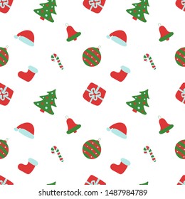Christmas pattern. Winter holiday wallpaper. Seamless texture for the New Year. Santa Claus cap, tree, bag, gift, stick, bell and balls