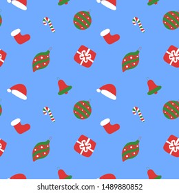 Christmas pattern. Winter holiday wallpaper. Seamless texture for the New Year. Santa's cap, tree, bag, gift, stick, bell and balls. Box with ribbon and bow. 