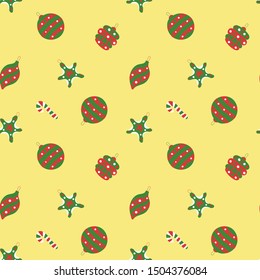 Christmas pattern. Winter holiday wallpaper. Seamless texture for the New Year. Christmas decorations on the tree. Walking stick, bell, star and ball