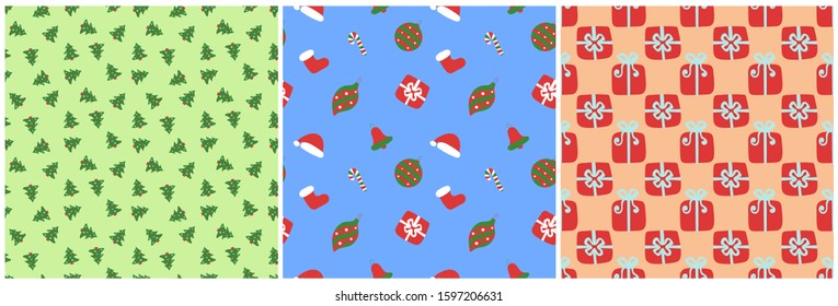 Christmas pattern. Winter holiday wallpaper. Seamless texture for the New Year. Christmas decorations on the tree. Walking stick, bell and balls