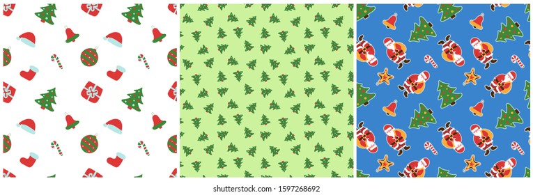 Christmas pattern. Winter holiday wallpaper. Seamless texture for the New Year. Santa Claus with a bag of gifts. Christmas decorations on the tree. Walking stick, bell and balls