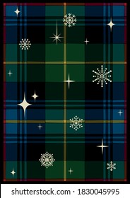 Patrón navideño, fondo de vacaciones de invierno, tartán repitiendo patrón, copos de nieve y estrellas 