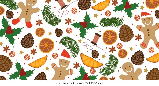 Christmas Pattern. Winter illustration with Gingerbread Men, Dry Oranges, Holly leaves, Buttons, Threads, Stars Anise, Pine-cones, Stars. Background for your design.