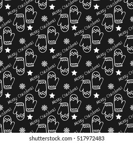 Christmas pattern with winter mittens on a black background