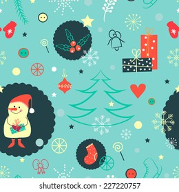 Christmas pattern in winter style with snowman, snowflakes, mittens, socks, tree, gifts. Vintage style. Cute illustration can be used for cards, wallpaper or textile. Holiday pattern for your design.