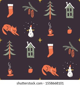 Christmas pattern. Winter symbols and objects, lamp, snowman, house, Christmas tree, stocking, apple, cat, star.