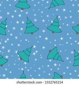 Christmas pattern with winter theme, christmas trees and stars confetti
