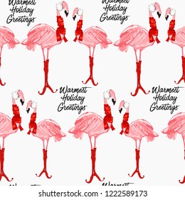 Christmas pattern with winter tropical flamingo with scarf and warmest holidays greetings sign. Digital vector watercolor seamless background. Hand drawn illustration. Decoration on white backdrop.