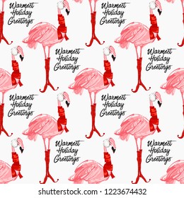 Christmas pattern with winter tropical flamingo with scarf and warmest holidays greetings sign. Digital vector watercolor seamless background. Hand drawn illustration. Decoration on white backdrop.