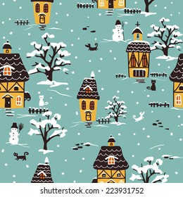 Christmas pattern. Winter village scene with houses, pets and snow.  Ideal for printing onto fabric and paper or scrap booking. Cottage style. Hand drawn illustration.