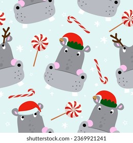 Christmas pattern witch cute hippos - funny hand drawn doodle, seamless pattern. Designer poster or t-shirt textile graphic design. Wallpaper, wrapping paper background. I want a hippopotamus for Xmas