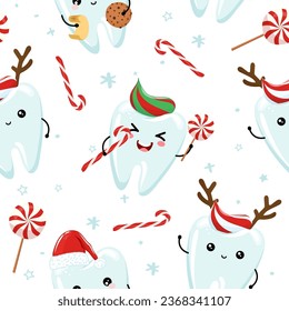 Christmas pattern witch cute molar teeth - funny hand drawn doodle, seamless pattern. Designer poster or t-shirt textile graphic design. Wallpaper, wrapping paper, background.