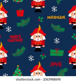 Christmas pattern witch cute nutcrackers and christmas trees - funny hand drawn doodle, seamless pattern. Designer poster or t-shirt textile graphic design. Wallpaper, wrapping paper, background.