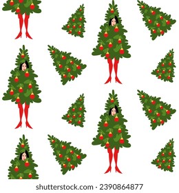 Christmas pattern. Woman in a costume of a decorated Christmas tree on a white background. Girl in a tree costume for celebrating New Year and Christmas against the background of other Christmas trees