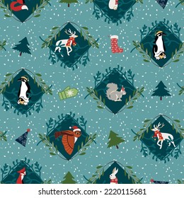 christmas pattern with woodland animals, fir trees and other elements. Vector design for paper, fabric and other surface