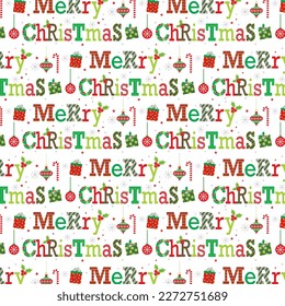 Christmas pattern for wrap with text, gifts and baubles pattern