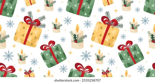 Christmas pattern - wrapped gift boxes decorated with tree motifs and red ribbons, burning candles adorned with pine branches, blue snowflakes. Traditional vector symbols of winter Christmas holiday.