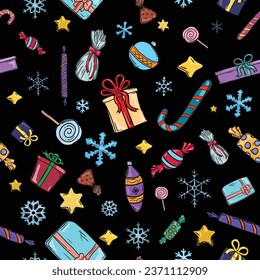 Christmas pattern for wrapping paper with a black background and colorful Christmas elements