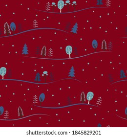 Christmas pattern for wrapping paper, cards, fabric, notepads, scrapbook paper. Winter forest on red background. Vector illustration.