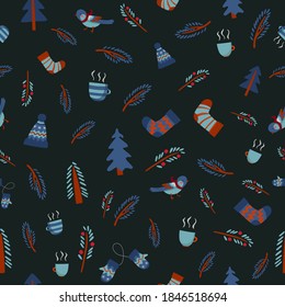Weihnachtsmuster zum Verpacken von Papier, Karten, Stoff, Notizblöcken, Scrapheetpapier. Winterbäume, Kaffeekappe, Vögel auf dunklem Hintergrund. Vektorgrafik.