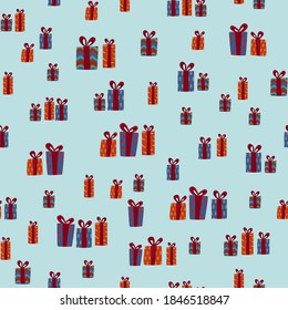 Christmas pattern for wrapping paper, cards, fabric, notepads, scrapbook paper. Gift boxes on the blue background. Vector illustration.